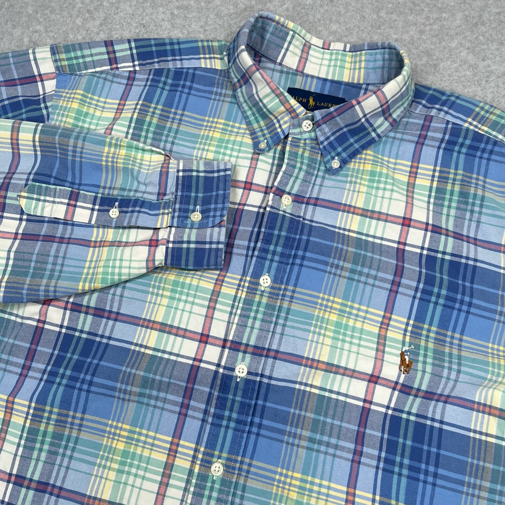Ralph Lauren Shirt Mens 2XLT Tall Blue Green Yellow Plaid Flesh Pony Button Down